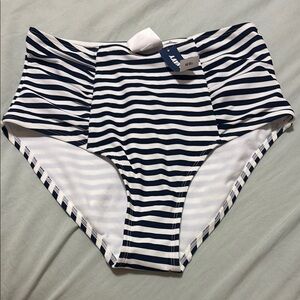 Navy and White Striped High-Waisted Bikini Bottom